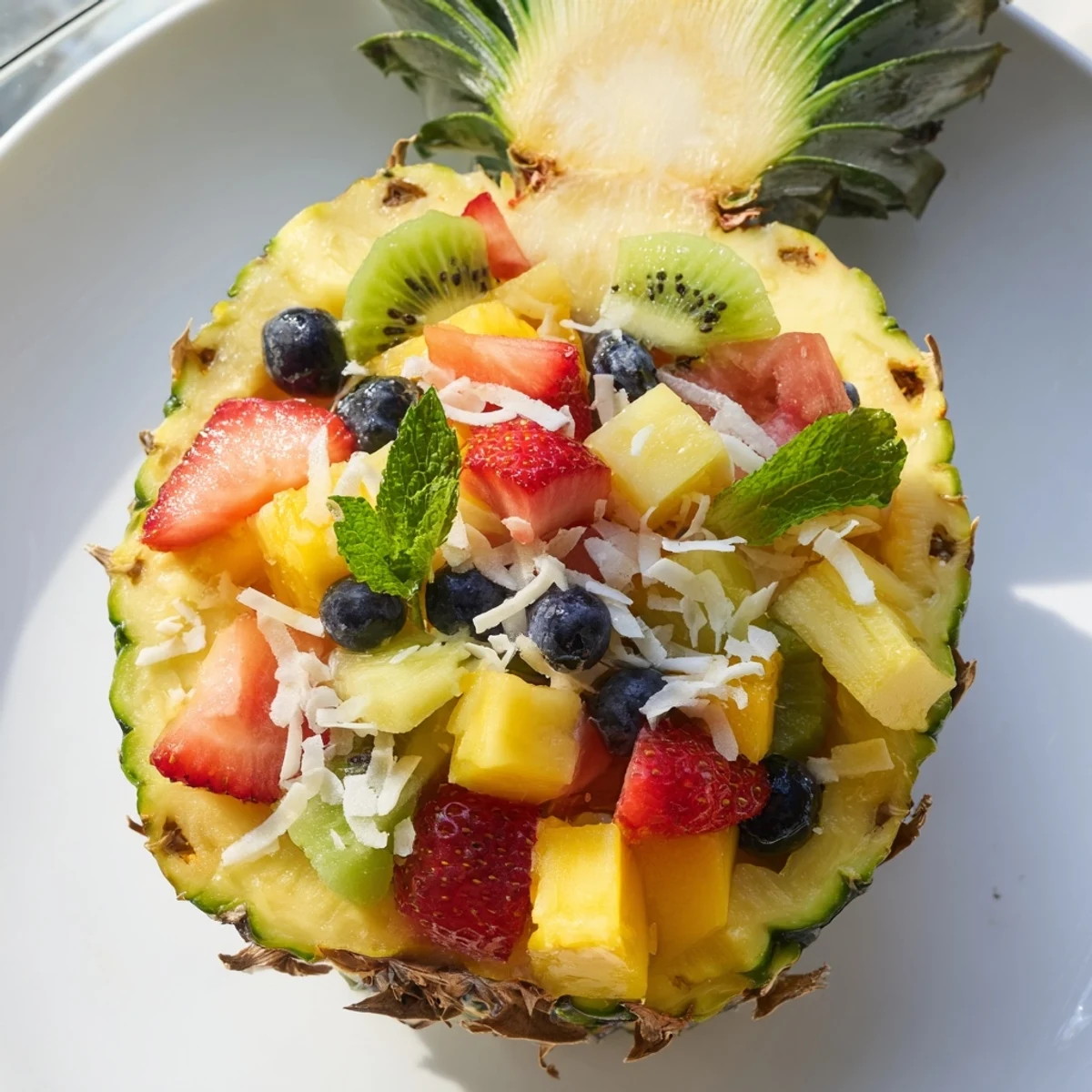 A close-up shot of a refreshing Tropical Bliss Pineapple Fruit Boat, perfect for a tropical brunch or party.