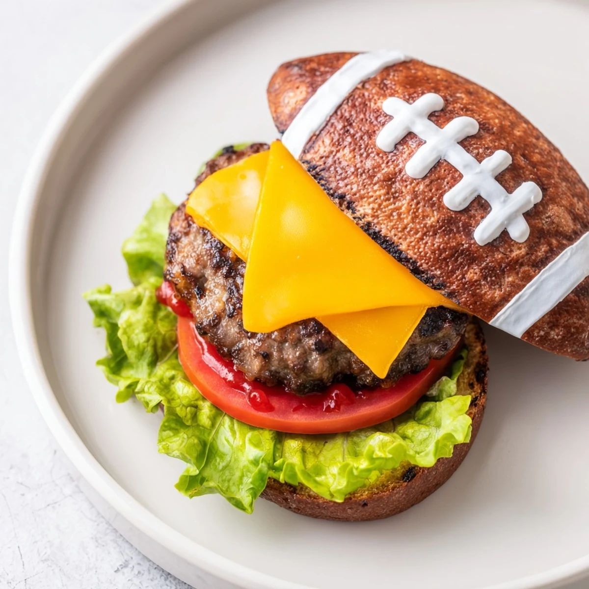 American football oval burger platter arranged on a platter with fries, perfect for game day fun.
