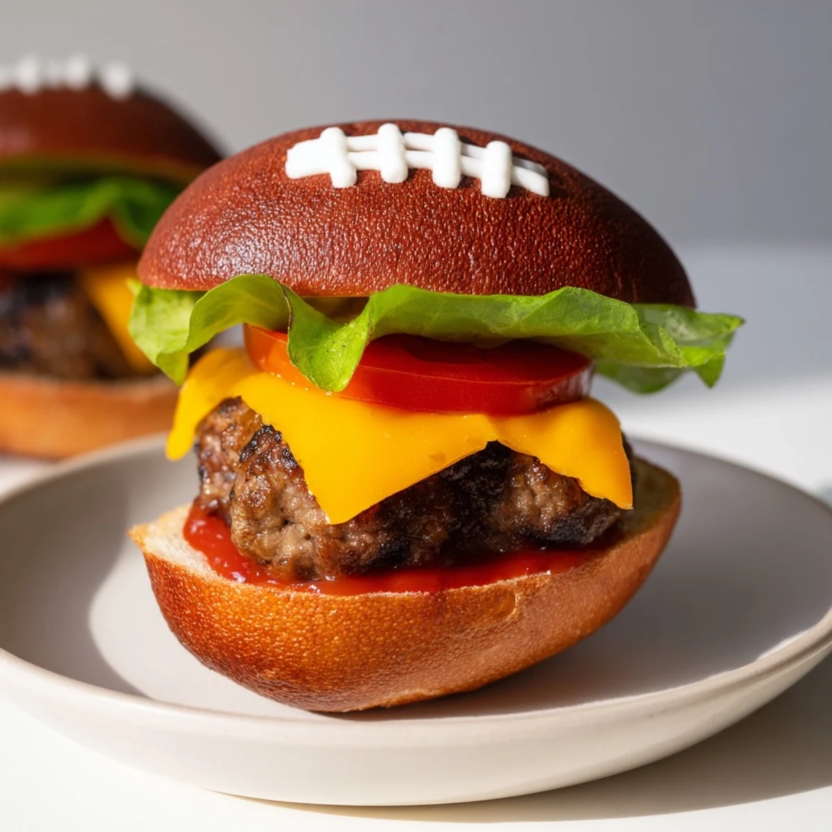 Juicy American football oval burger platter with melted cheese, fresh tomato, and lettuce, ready to eat.