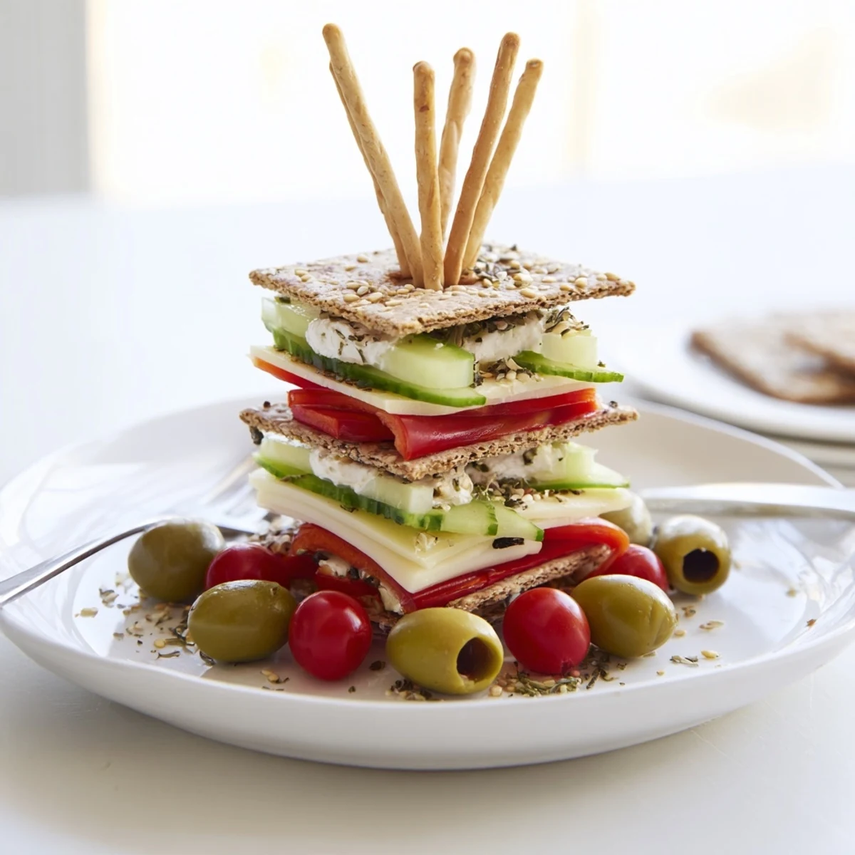 Urban Skyscraper Appetizers: Towering cheese and veggie stacks on crackers, a savory party treat.