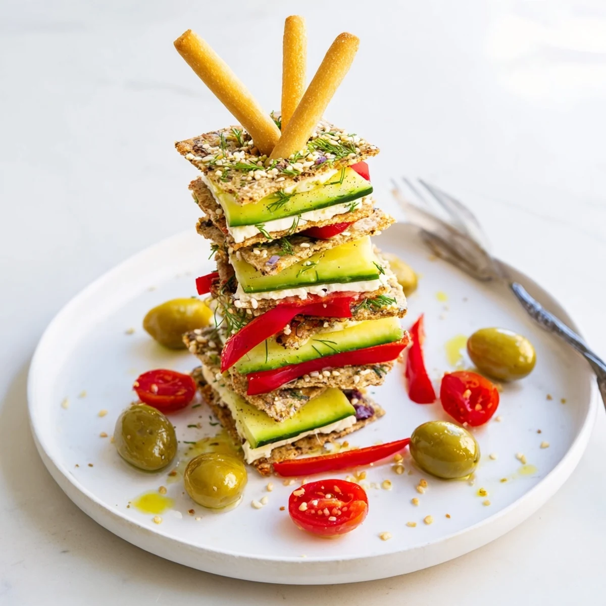 Delicious Urban Skyscraper Appetizers with vibrant red peppers and creamy avocado layers atop crackers.