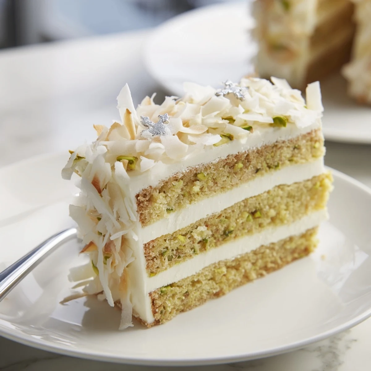 A visually stunning Table d'Hiver Sapin et Flocons dessert with snowy white mousse and coconut flakes.