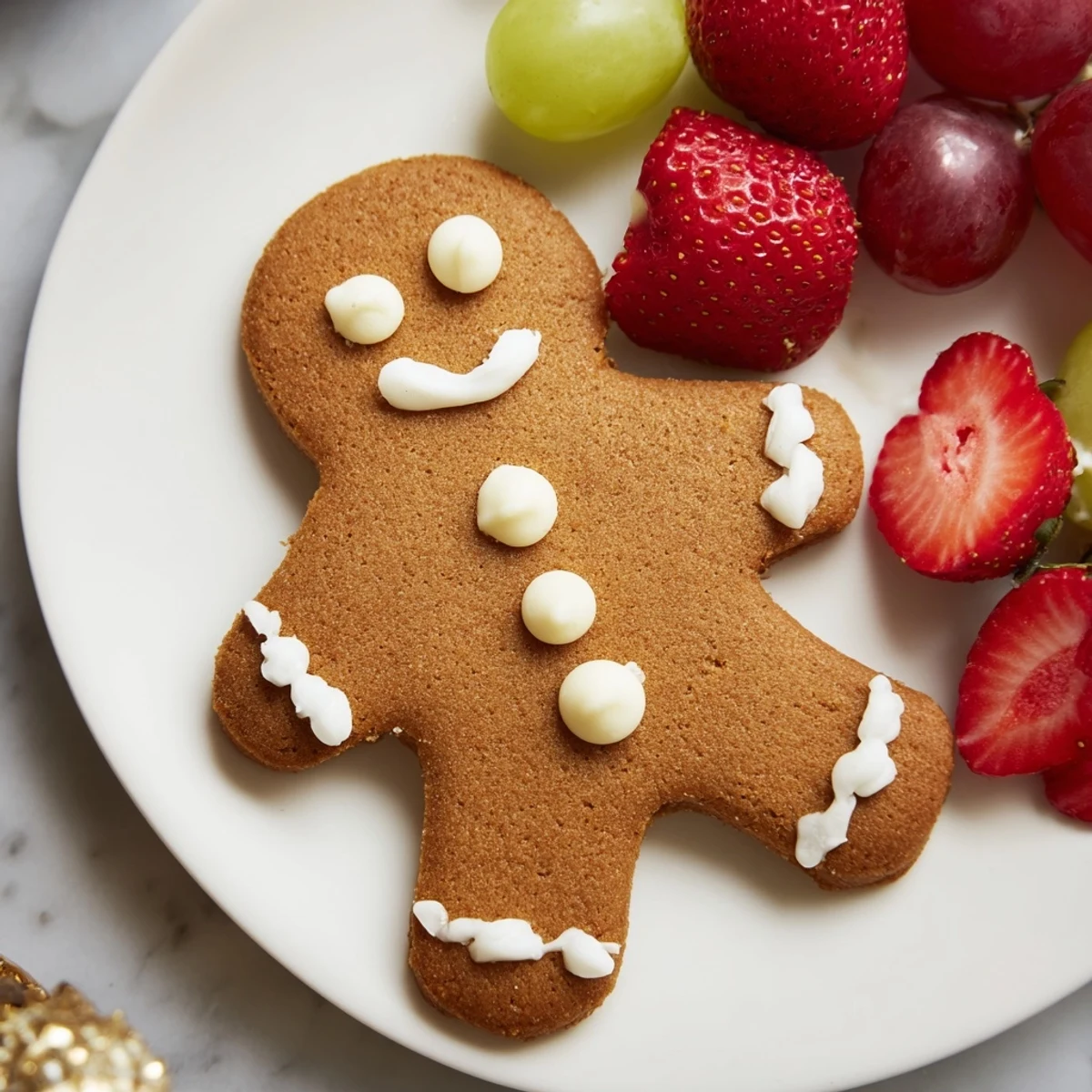 Festive gingerbread man cookie board, garnished with red and green fruit, perfect for holiday parties.