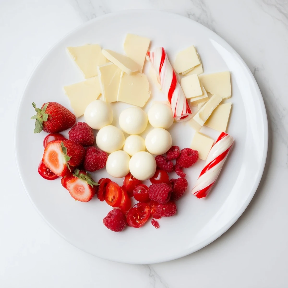 Festive Red and White Candy Cane Snack Board, a colorful holiday appetizer, offers sweet and savory treats.