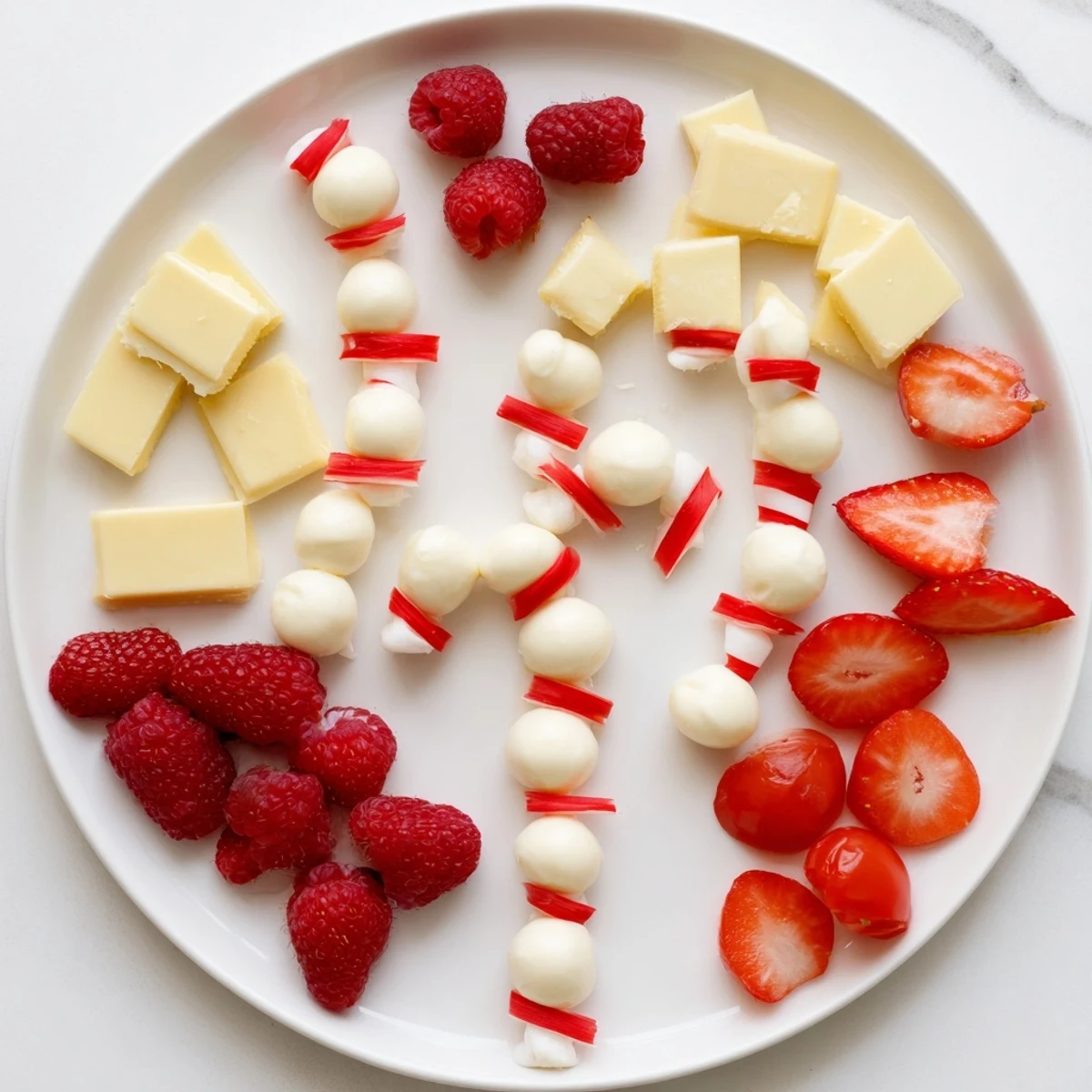 Vibrantly arranged Festive Red and White Candy Cane Snack Board with red and white snacks, ready to serve guests.