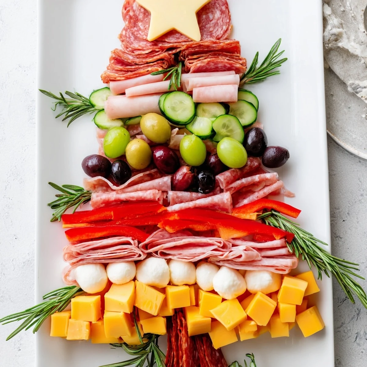 Christmas Tree Charcuterie Board brimming with meats, cheeses, and vibrant fruits, ready to serve for holidays.