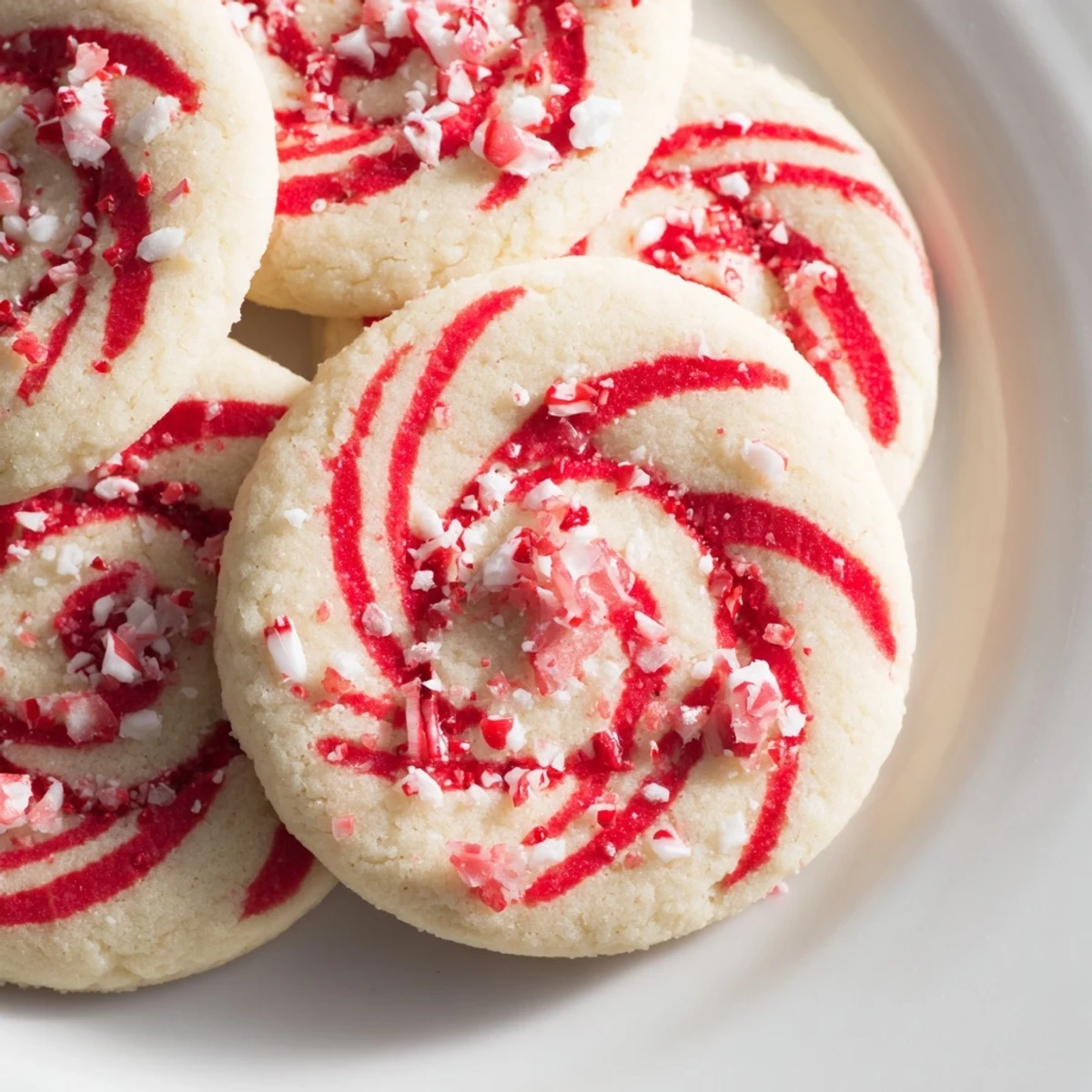 Vibrant Candy Cane Swirl Cookie Platter with festive red and white swirls, delicious holiday cookies.
