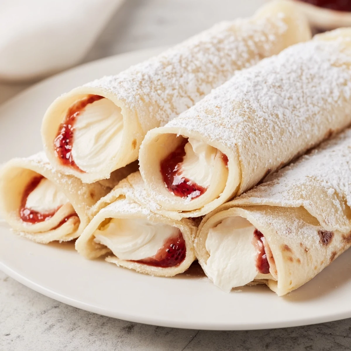Snow Angel Tortilla Wraps, ready to eat, are beautifully arranged with a delicate dusting of powdered sugar.