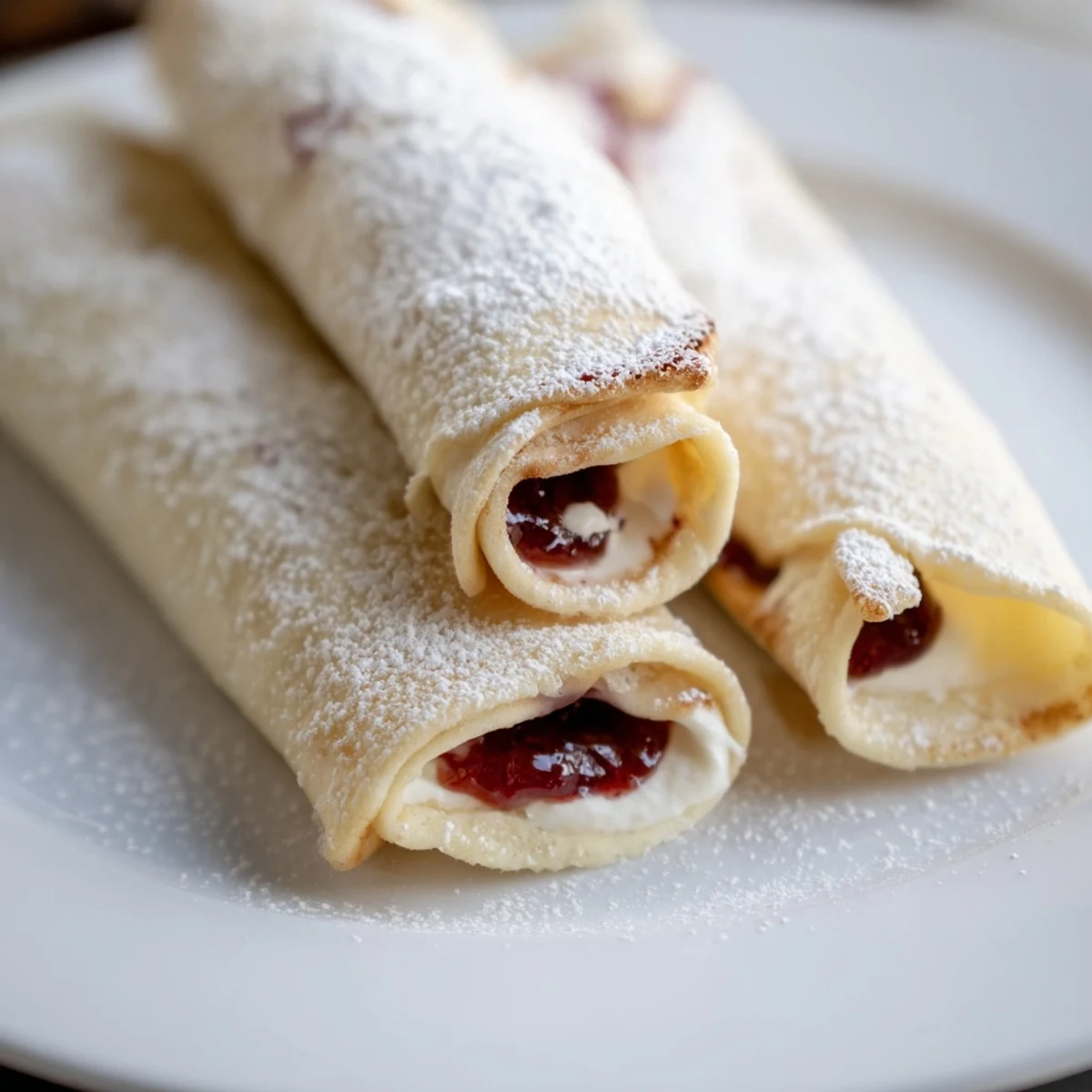 These Snow Angel Tortilla Wraps showcase jam-filled, rolled wraps, served with a sweet snowy topping for a special treat.