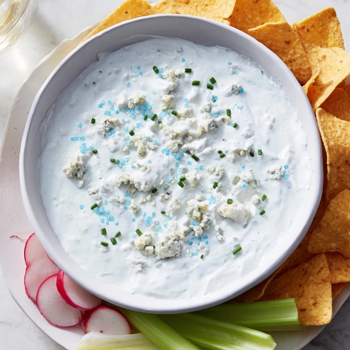 Vibrant Frozen Pond Blue Dip Platter, a stunning appetizer with creamy blue cheese dip and colorful dippers.
