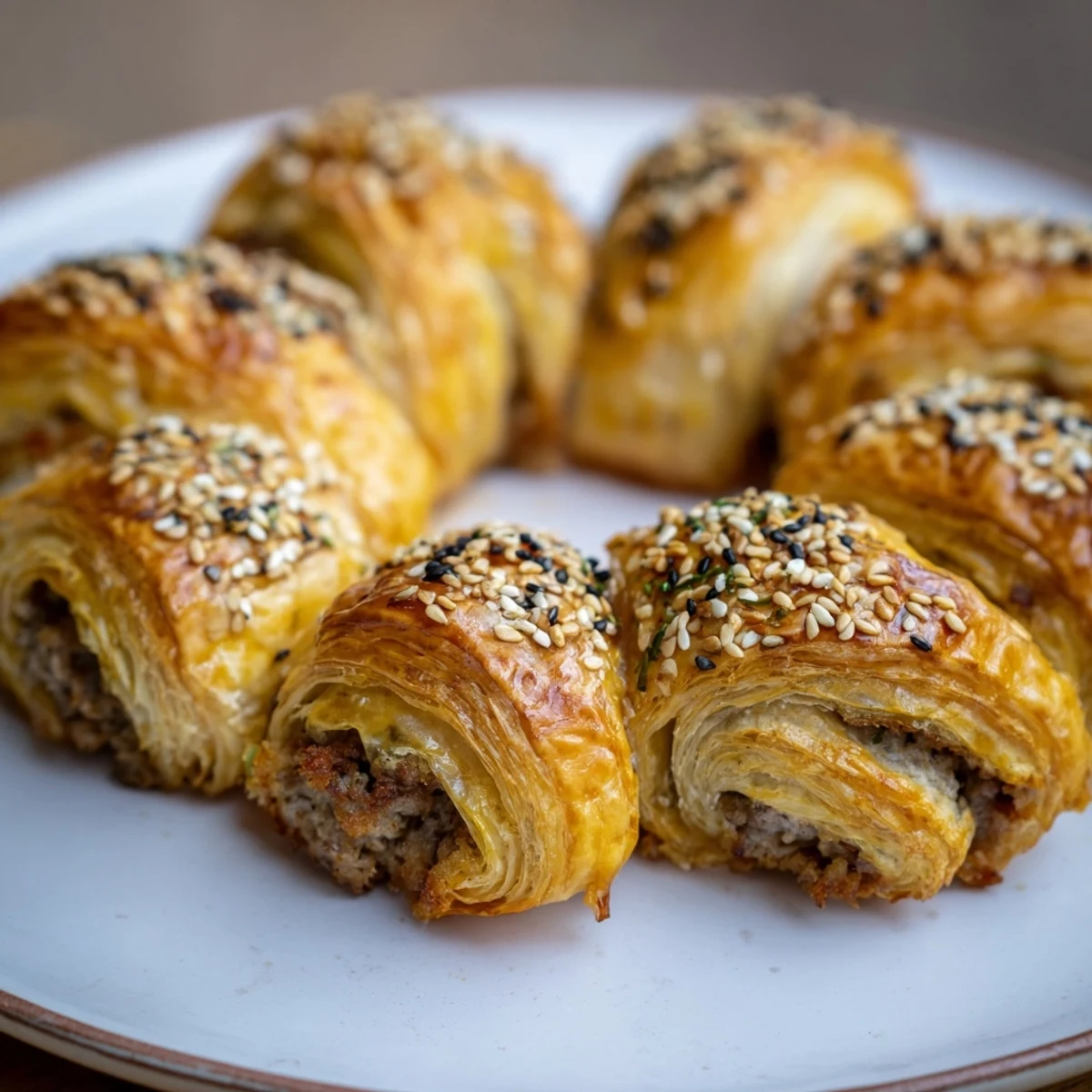 Close-up of baked Savory Bites: Mini Sausage Roll Half-Circle Wreath, with sesame seeds and herbs.