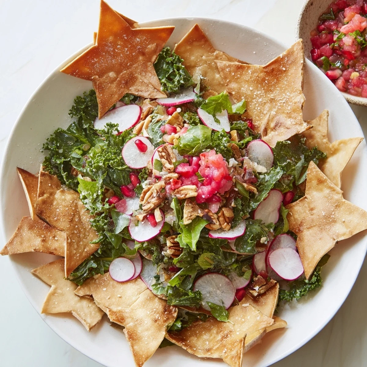 A vibrant Winter Salad with snowflake tortilla chips, featuring fresh salsa, and crunchy textures.