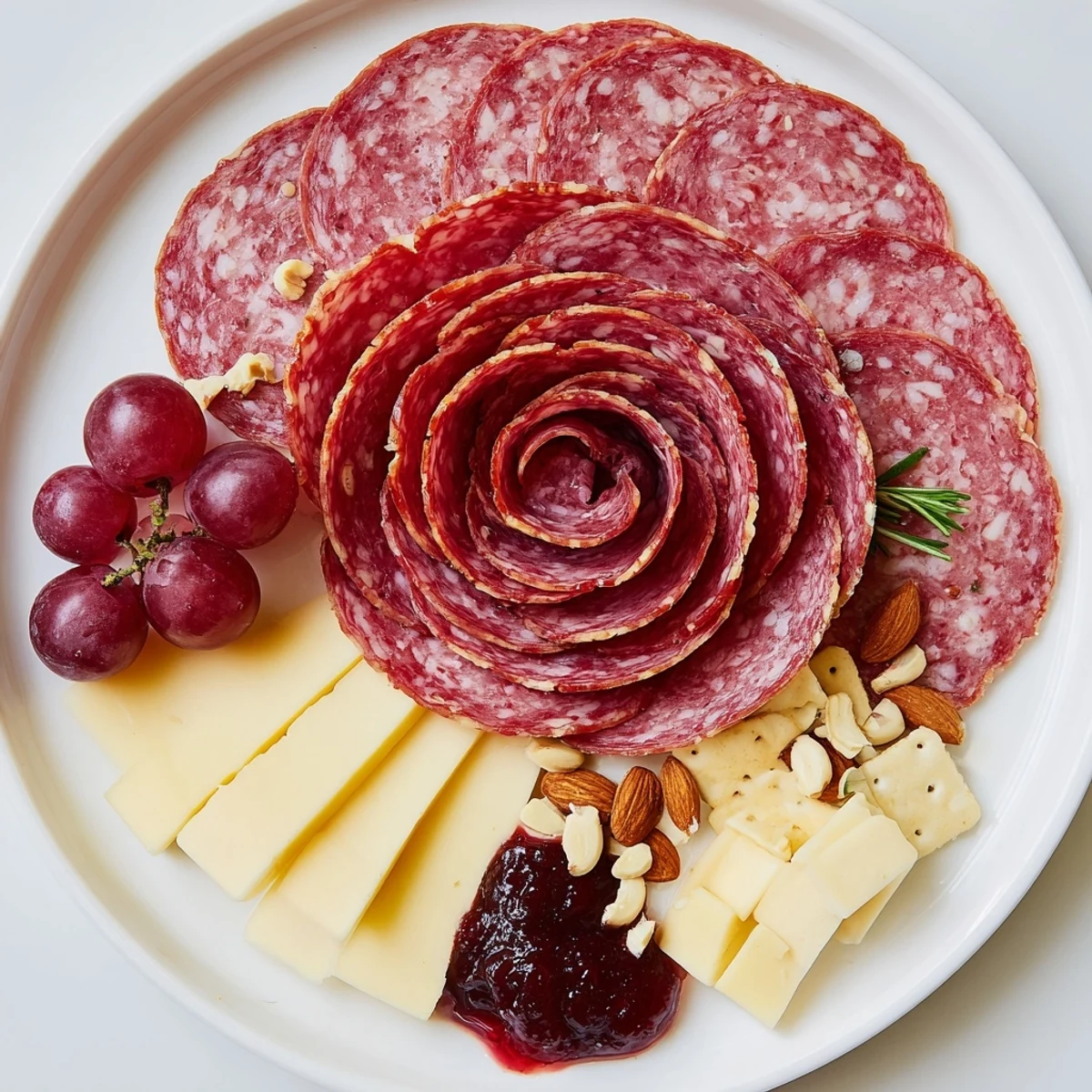 Easy Charcuterie featuring a vibrant salami rose, brie, and strawberries, a perfect appetizer.