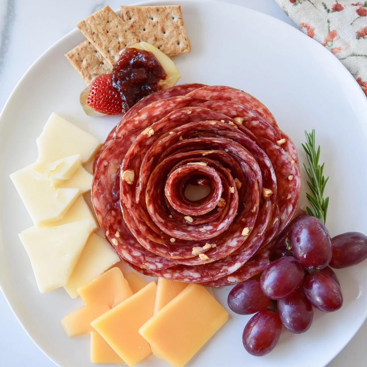 This Easy Charcuterie board includes a salami rose nestled next to fresh fruit and creamy cheese.