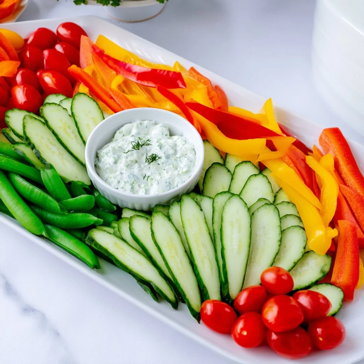 Tastefully presented Veggie Platter showcasing a refreshing array of vegetables alongside a creamy yogurt dip.