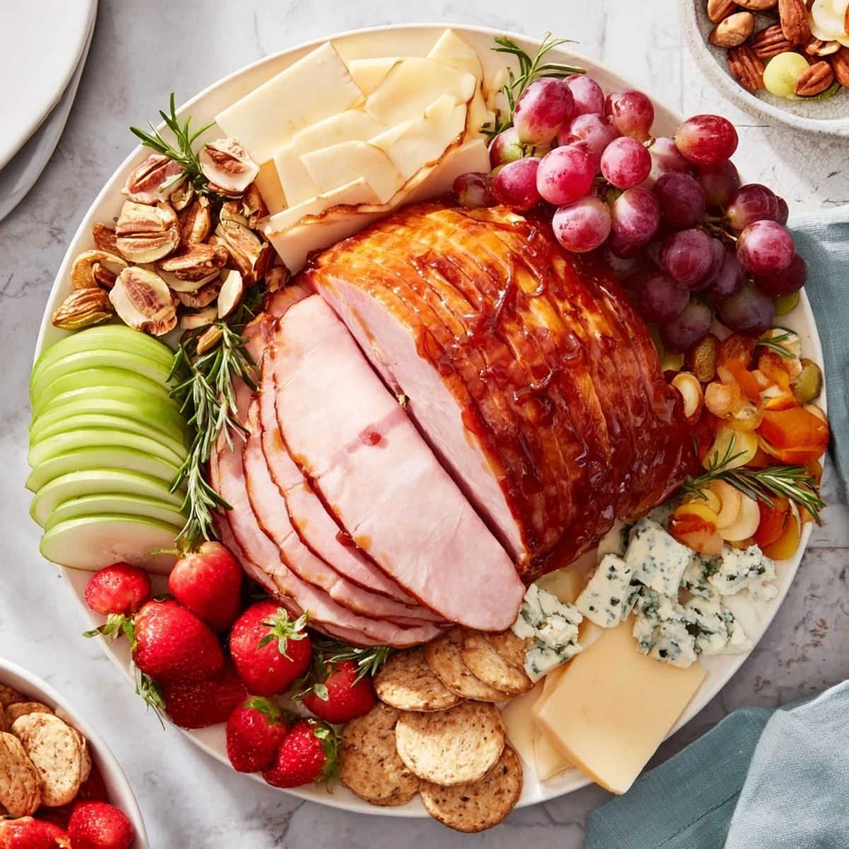 Savory Glazed Ham centerpiece board, with glistening ham slices and an array of tempting appetizers.