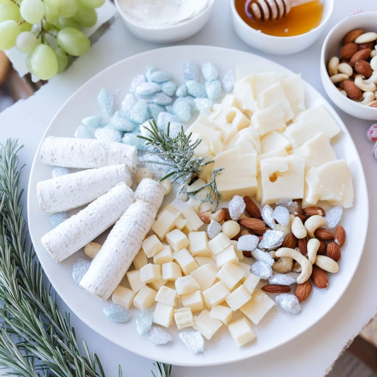 Winter Wonderland Platter: a beautifully arranged appetizer board with cheeses, nuts, and sugared almonds.