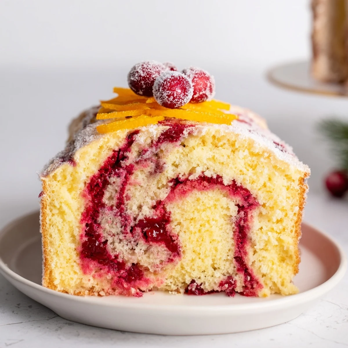The fluffy Cranberry Orange Swirl cake, swirled with cranberry and offering sweet citrus aroma.