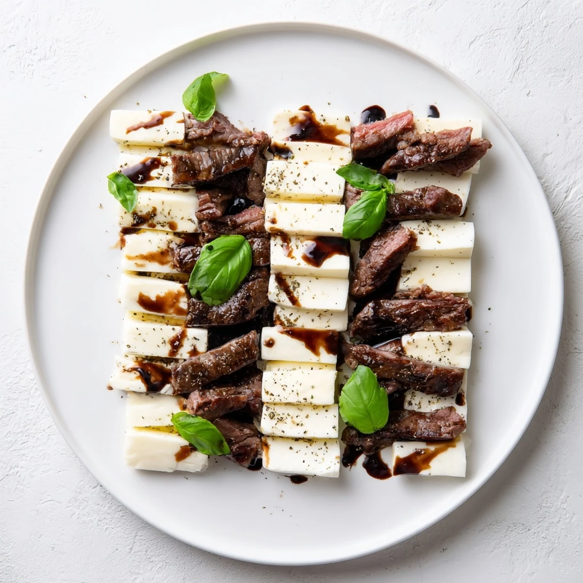 The Safari Stripes appetizer platter showing rows of mozzarella, feta, and balsamic-glazed meats.