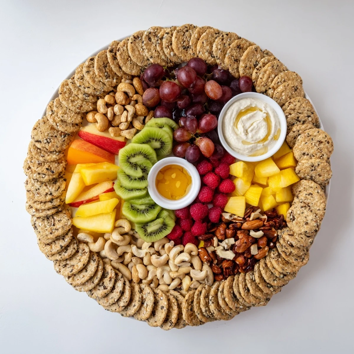 Vibrant Hidden Oasis appetizer with colorful fruits, creamy dips, and crunchy crackers for sharing.