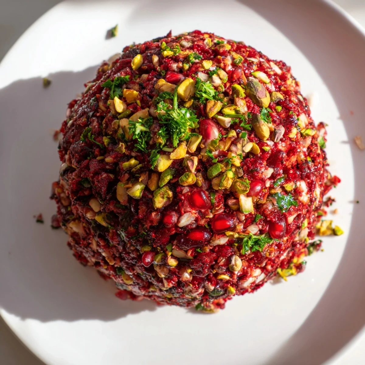 A dazzling The Royal Orb cheese ball coated in pistachios and pomegranate seeds, perfect for a holiday appetizer.