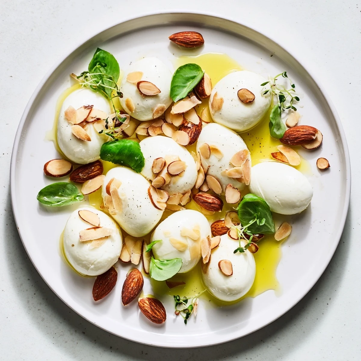 Close-up of The Polished Pebble appetizer: creamy cheeses and roasted almonds arranged like pebbles.