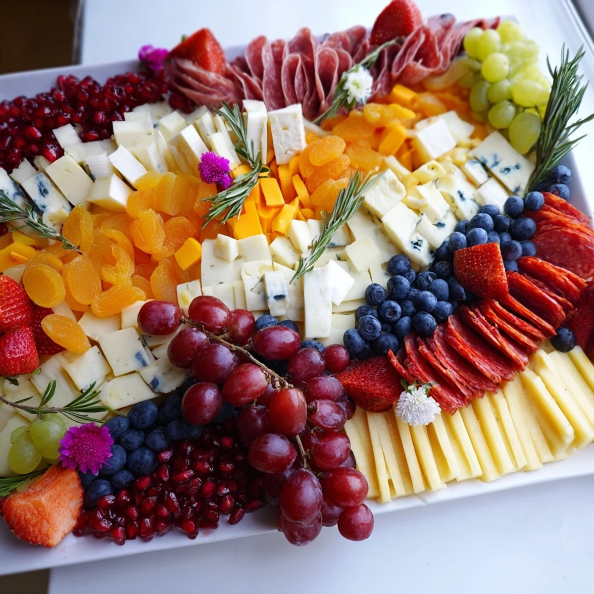 This Nutcracker Suite Board displays a visually striking arrangement of cheeses, meats, and festive treats.