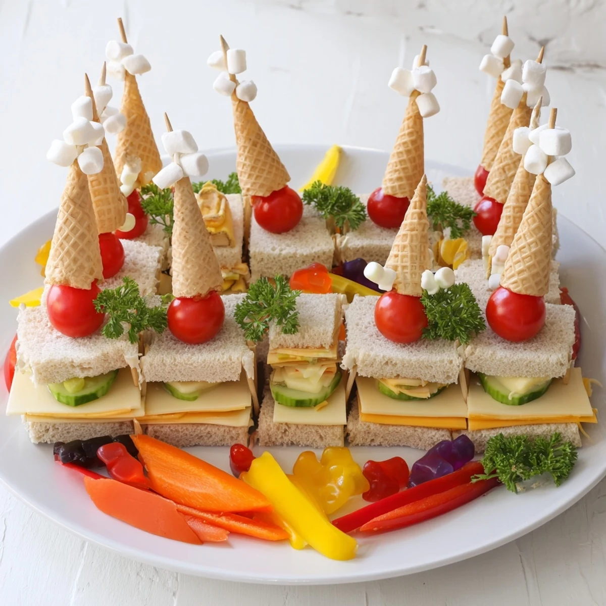 Fairy Tale Castle Platter with colorful veggies and sweet treats perfectly displayed for a kids' party.