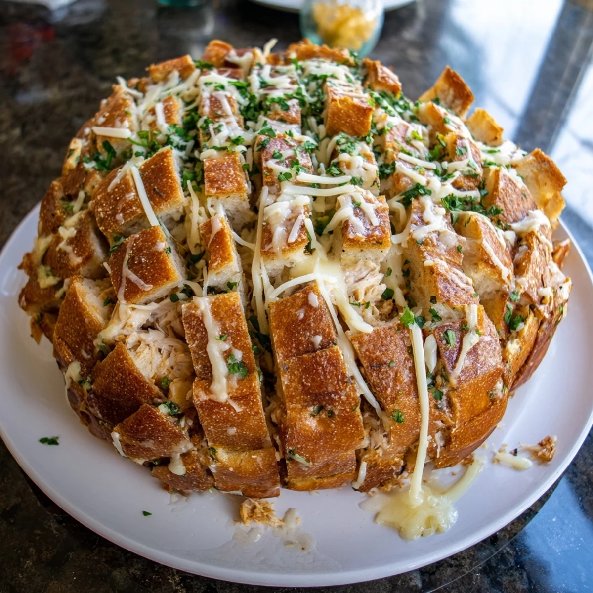Delicious, stuffed Cheesy Leftover Chicken Bake, with visible melted cheese and herbs, ideal for a potluck dish.