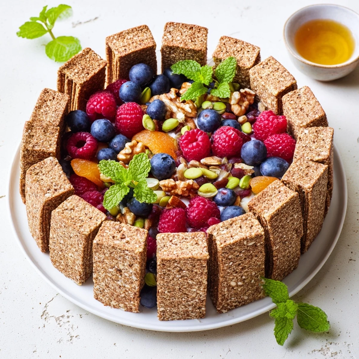 Crackers frame a vibrantly colorful Picket Fence platter of nuts and berries, ready to serve!