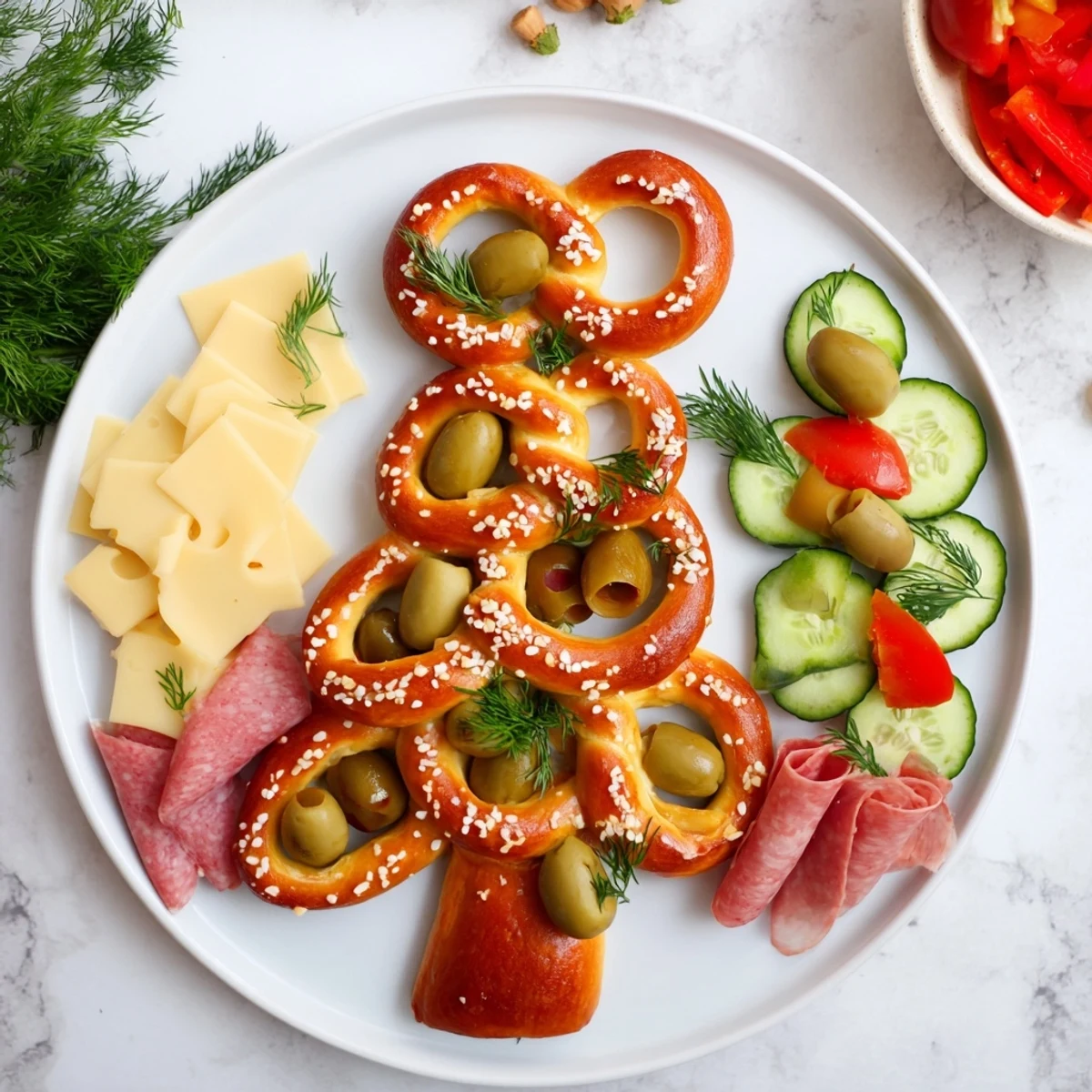 A beautifully arranged Bretzel Arbre de Vie platter showcases golden pretzels and colorful savory bites.
