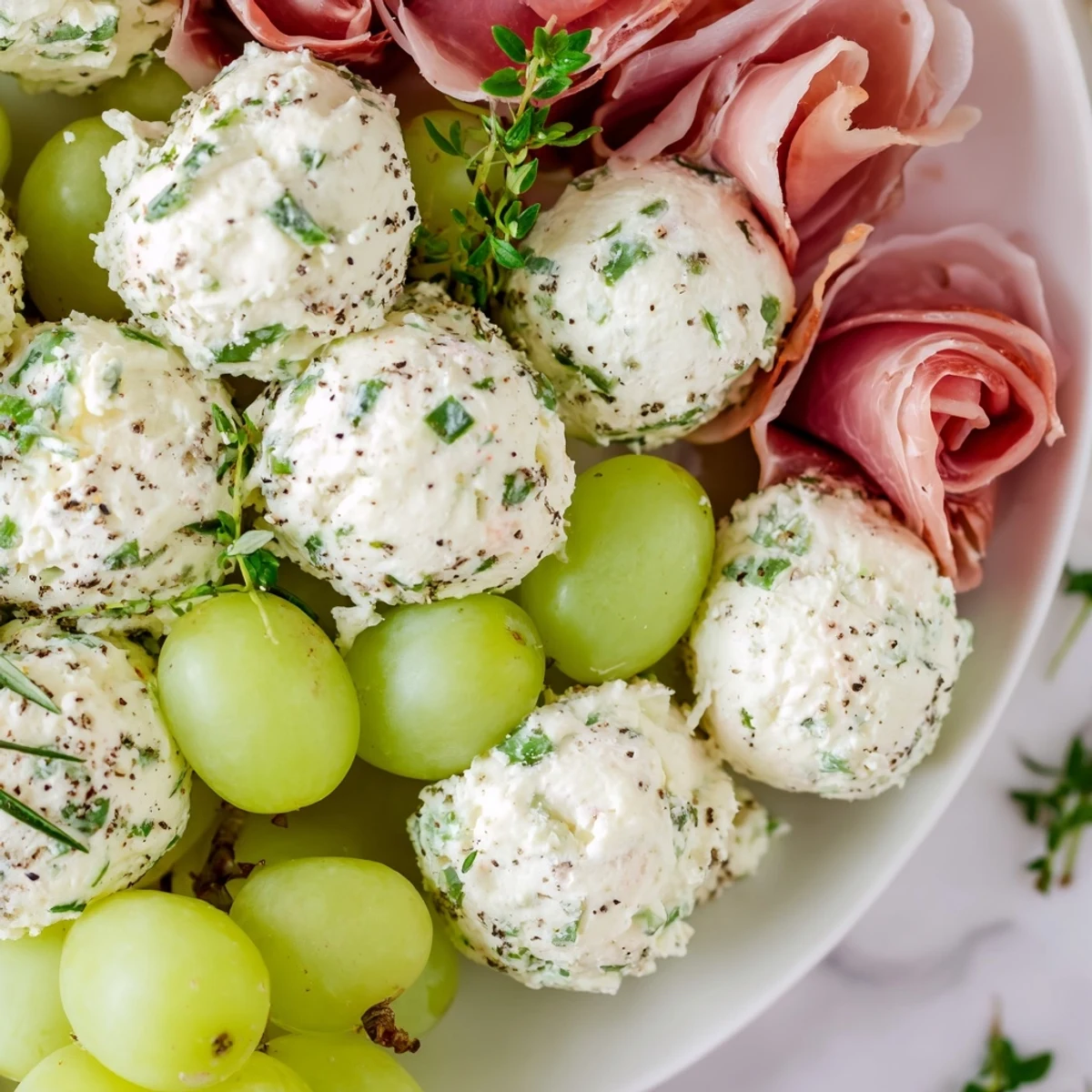 Vibrant Mistletoe Kissing Ball appetizer with creamy cheese, fresh herbs, and savory prosciutto.
