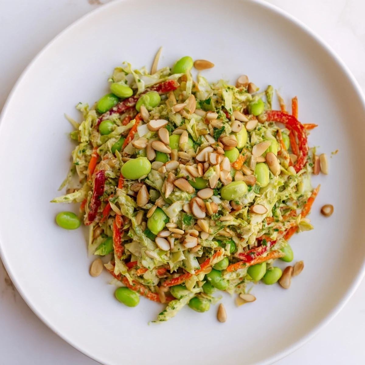Vibrant Crunchy Cabbage and Edamame Salad with colorful veggies and a creamy dressing.