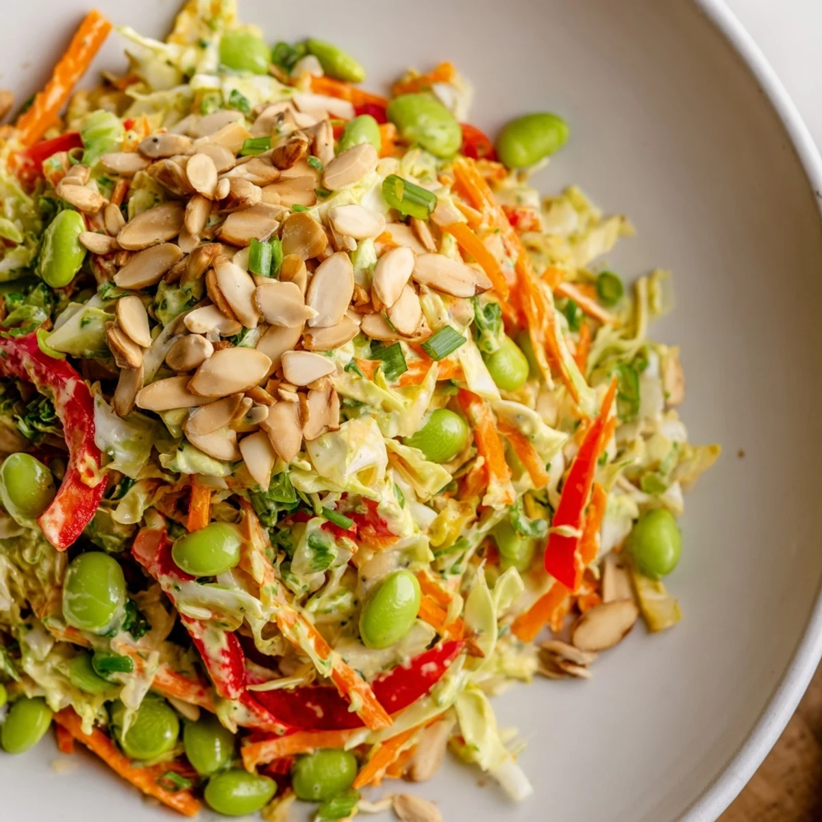 Fresh, zesty Crunchy Cabbage and Edamame Salad topped with crunchy almonds and sunflower seeds, ready to eat!