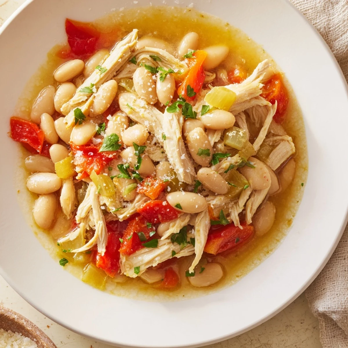 Golden roasted red peppers and chicken accent a delicious bowl of warm White Bean stew.