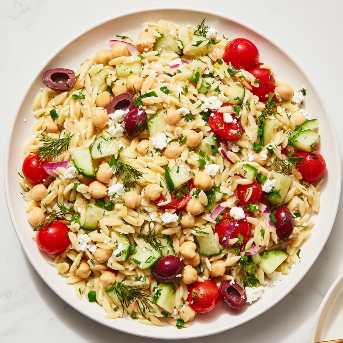A refreshing bowl of Greek Lemon-Orzo Bean Salad, featuring bright cherry tomatoes and creamy chickpeas.