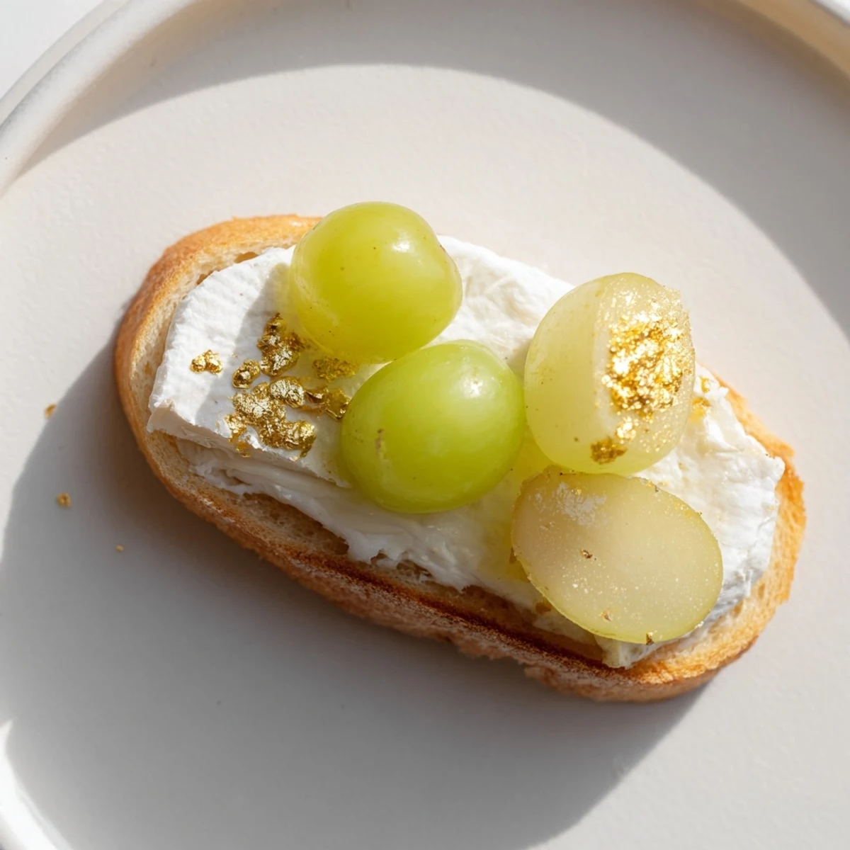 Sparkling Champagne Toast with glistening grapes, a creamy Brie base, and glittering gold dust ready to serve.