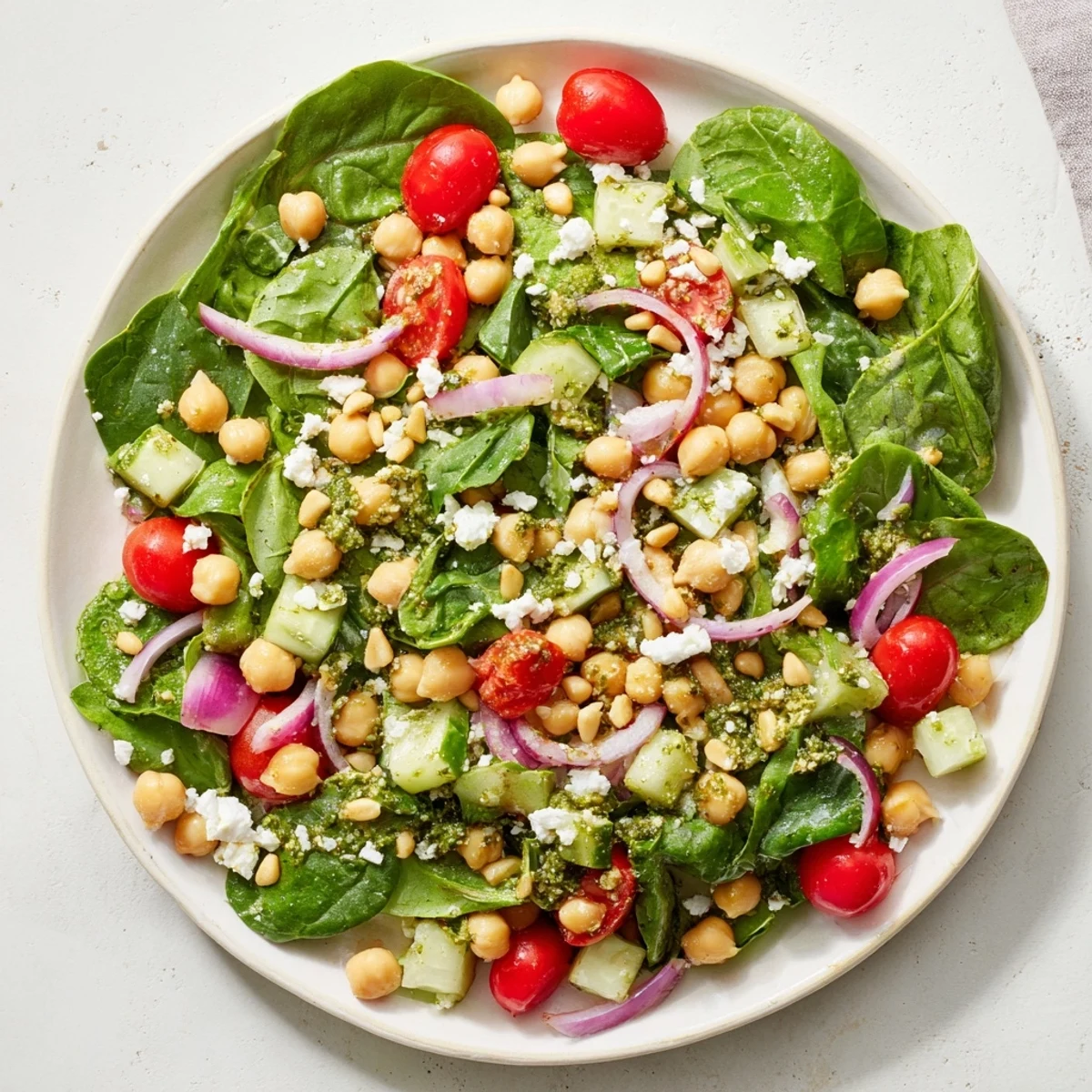 Enjoy this easy-to-make Pesto Chickpea and Spinach Salad with chickpeas, pesto dressing, and a scattering of pine nuts.