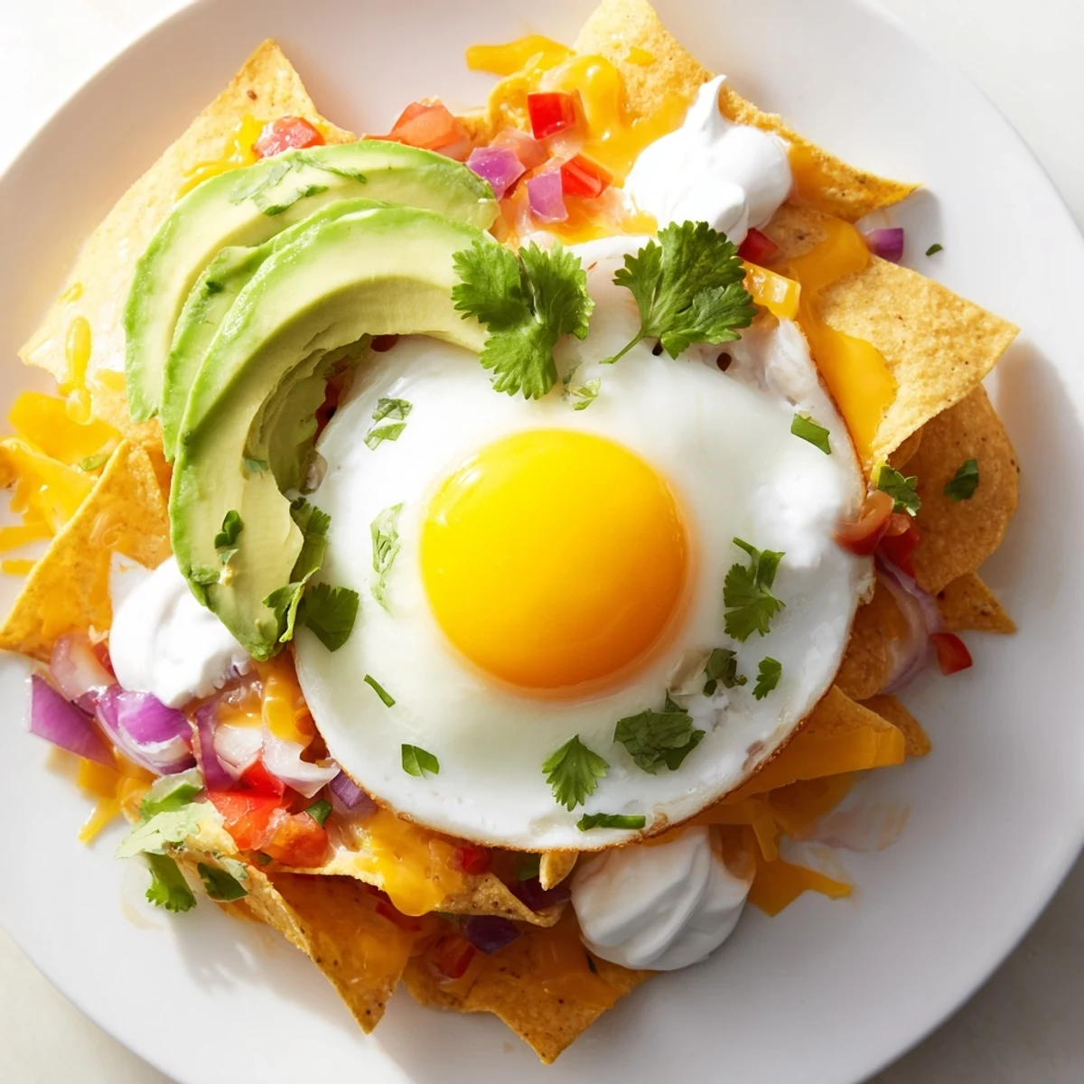 Warm, melty cheddar and Monterey Jack blanket these egg-topped breakfast nachos with vibrant veggies and a sunny-side-up egg.