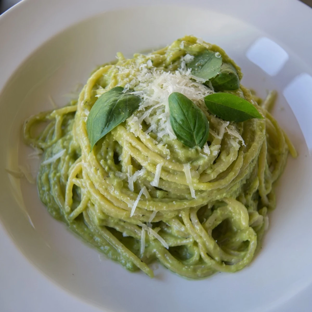 Creamy avocado pasta, a vibrant green dish topped with fresh basil and Parmesan cheese.