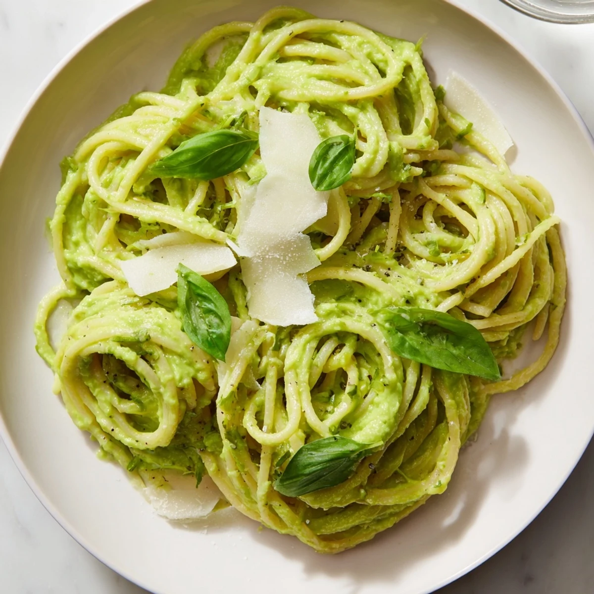 Linguine coated in luscious creamy avocado pasta sauce, ready to be enjoyed with a crisp wine.