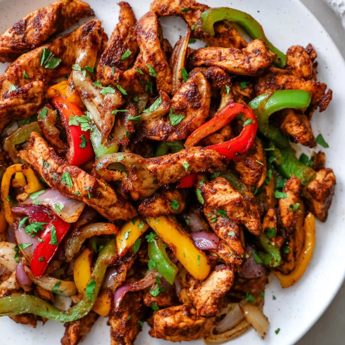 Golden chicken strips with tender vegetables, perfectly seasoned Sheet-Pan Chicken Fajitas, awaiting serving.