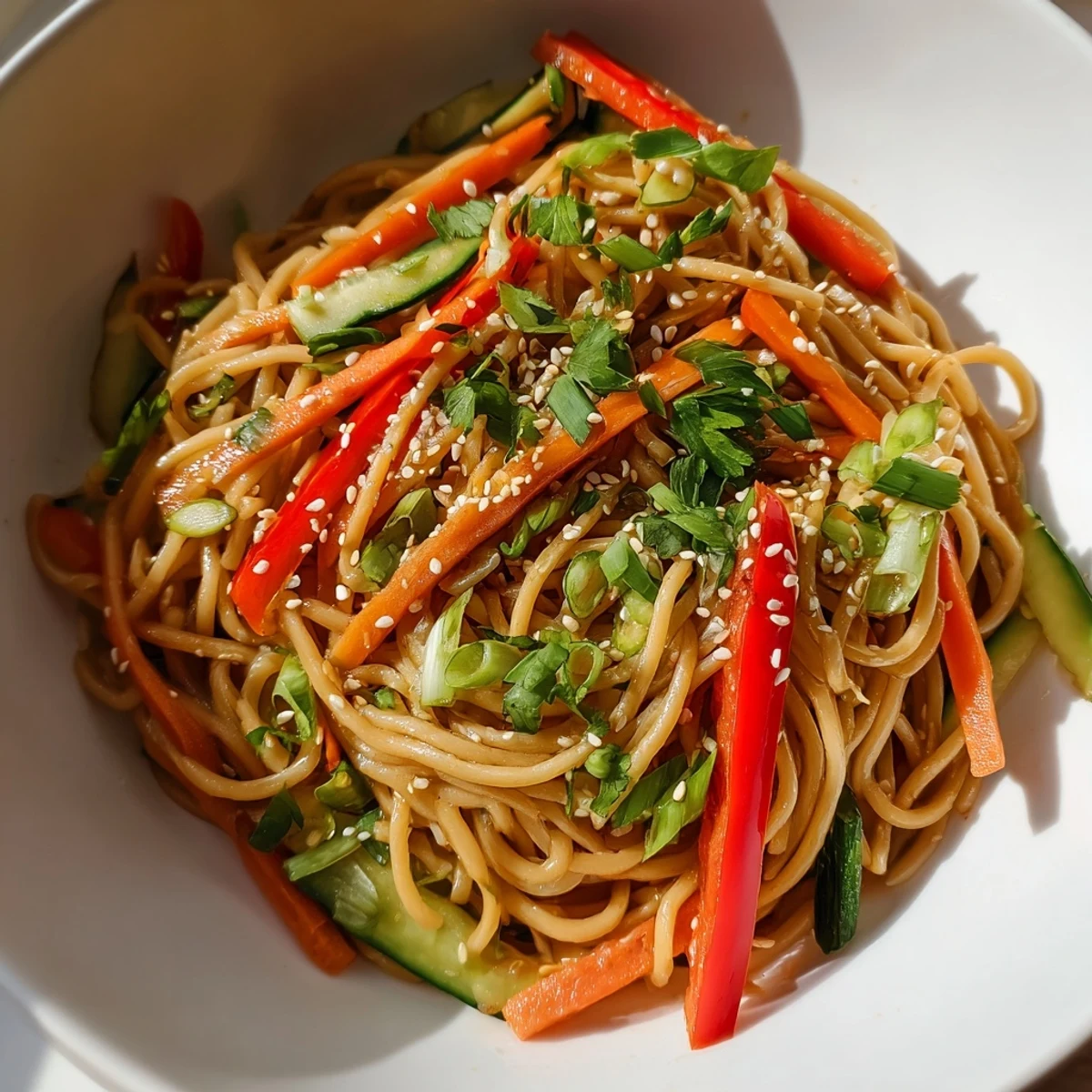 Close-up of freshly made Garlic Noodle Salad; colorful veggies and sesame seeds garnish this flavorful dish.