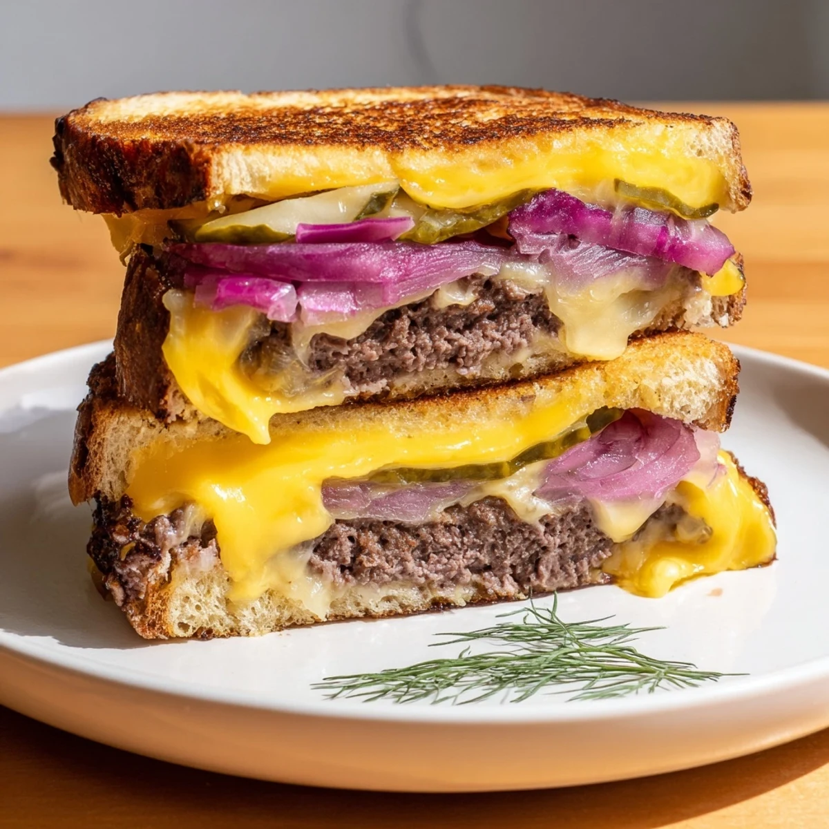 Close up of a Smashed Burger Grilled Cheese, its juicy beef patty and melted cheese layers visible.