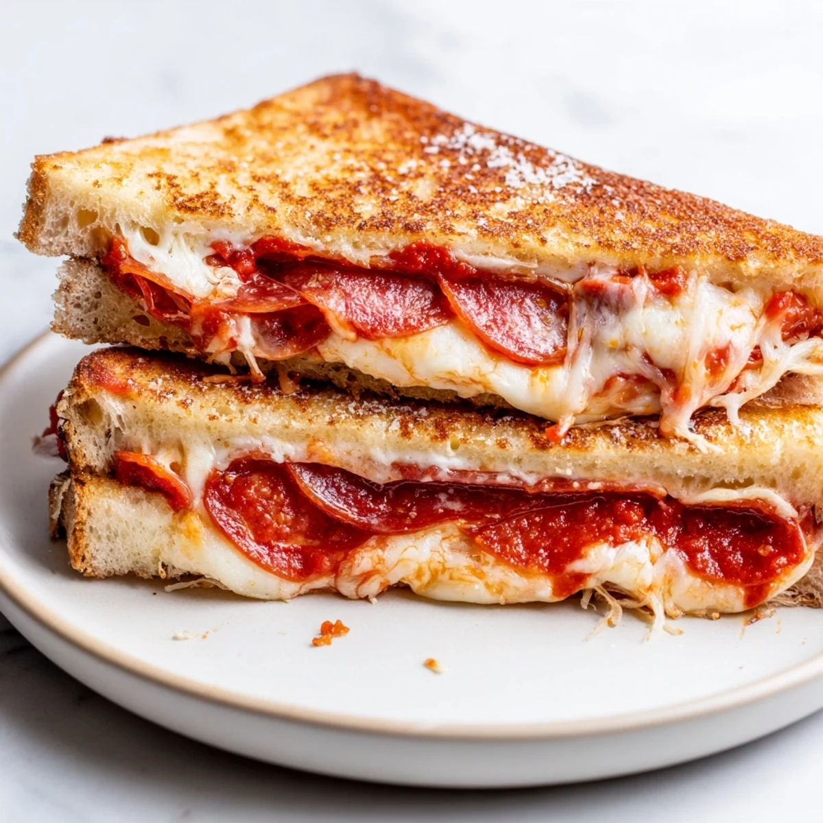 Perfectly toasted Pizza Grilled Cheese, showcasing the crispy bread and melted cheese pull, a classic comfort meal.
