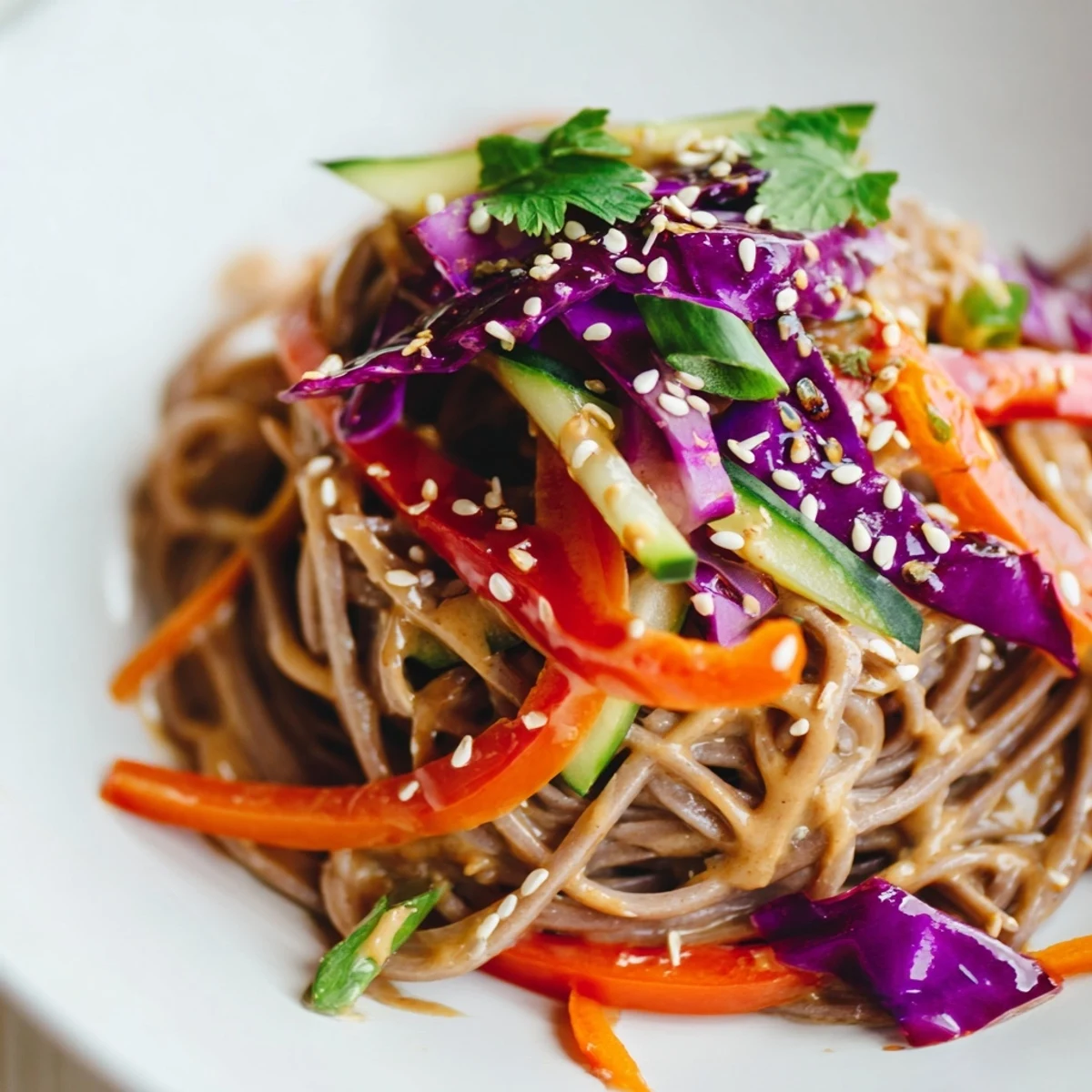 A vibrant bowl of cold soba noodle salad with colorful vegetables and creamy dressing.