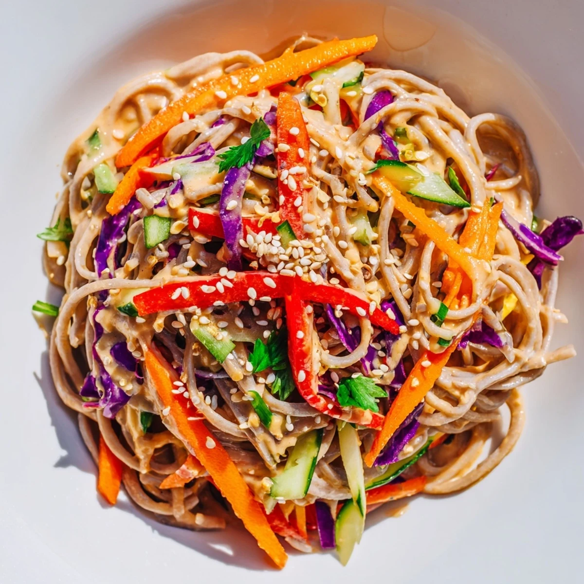 Freshly made Japanese-inspired soba noodle salad featuring noodles, veggies, and a nutty dressing.