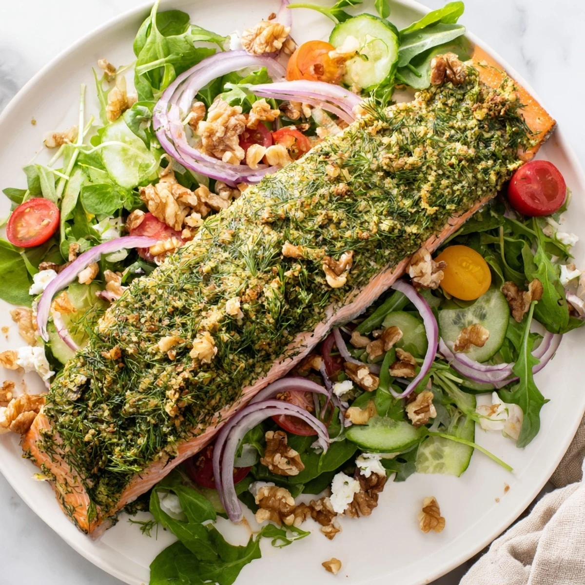 Close-up shot: a flavorful herb-crusted salmon salad with tomatoes and creamy vinaigrette dressing.