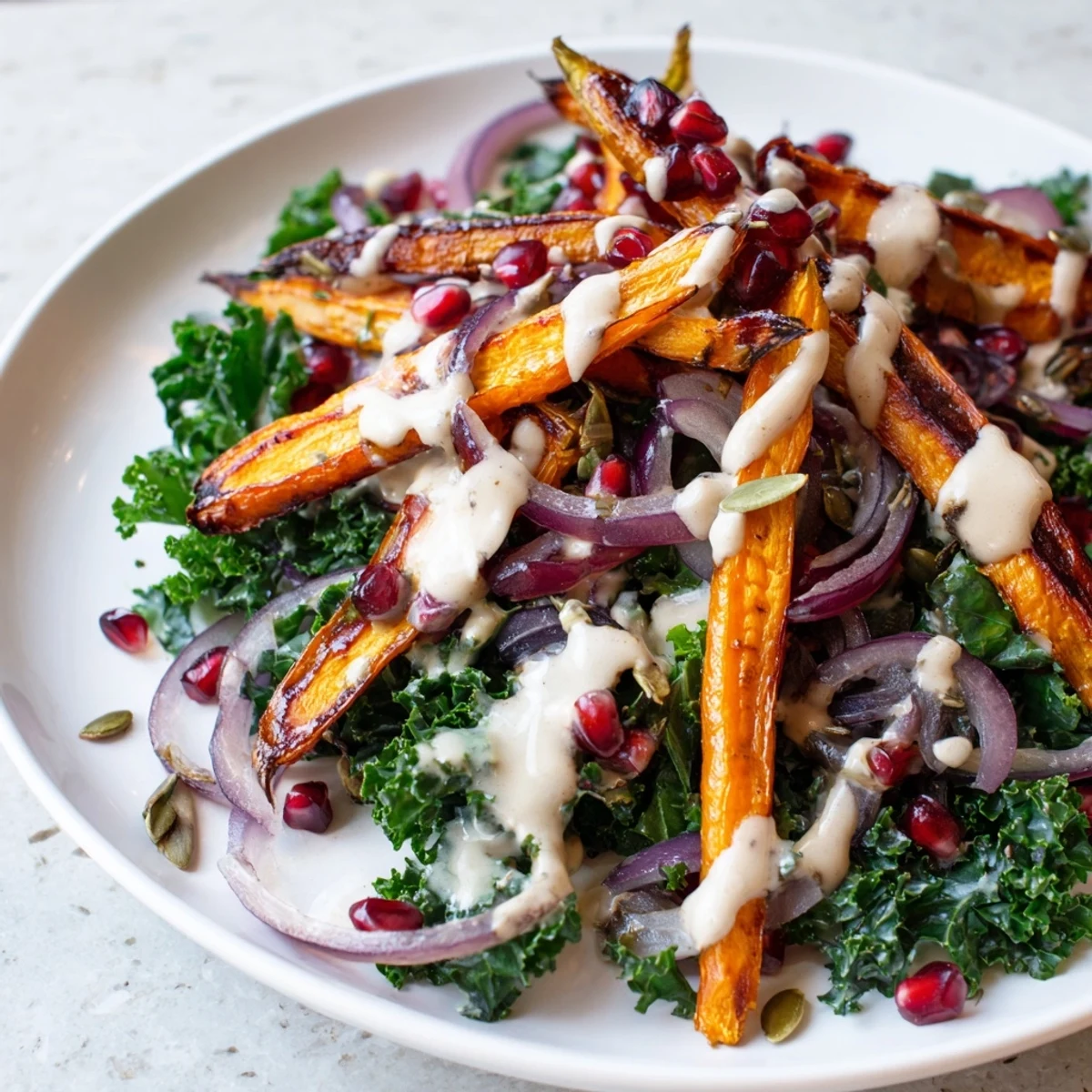 Vibrant roasted carrot salad with tahini-lemon drizzle, a flavorful and colorful Mediterranean-inspired dish.
