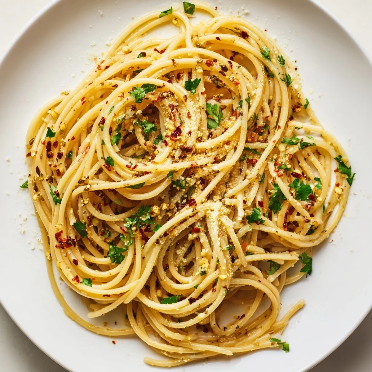 Steaming bowl of Aglio e Olio express pasta; spaghetti coated in glistening garlic-infused olive oil.